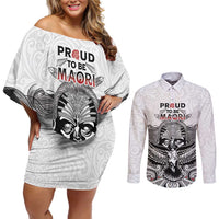 Aotearoa Personalized Couples Matching Off Shoulder Short Dress and Long Sleeve Button Shirt Proud To Be Maori LT7 White - Polynesian Pride