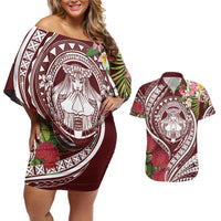 Aloha Hawaii Big Island Couples Matching Off Shoulder Short Dress and Hawaiian Shirt Ohia Lehua Wahine