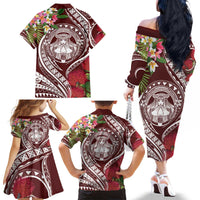 Aloha Hawaii Big Island Family Matching Off The Shoulder Long Sleeve Dress and Hawaiian Shirt Ohia Lehua Wahine