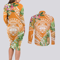 Aloha Hawaii Lanai Couples Matching Long Sleeve Bodycon Dress and Long Sleeve Button Shirt Frangipani Mix Pineapple LT7 - Polynesian Pride