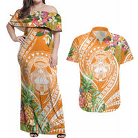 Aloha Hawaii Lanai Couples Matching Off Shoulder Maxi Dress and Hawaiian Shirt Frangipani Mix Pineapple LT7 Orange - Polynesian Pride