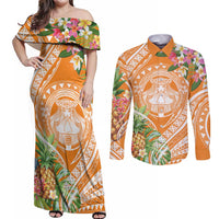 Aloha Hawaii Lanai Couples Matching Off Shoulder Maxi Dress and Long Sleeve Button Shirt Frangipani Mix Pineapple LT7 Orange - Polynesian Pride