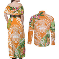 Aloha Hawaii Lanai Couples Matching Off Shoulder Maxi Dress and Long Sleeve Button Shirt Frangipani Mix Pineapple LT7 - Polynesian Pride