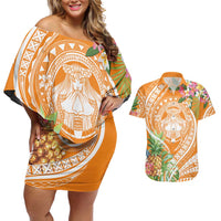 Aloha Hawaii Lanai Couples Matching Off Shoulder Short Dress and Hawaiian Shirt Frangipani Mix Pineapple LT7 Orange - Polynesian Pride