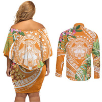 Aloha Hawaii Lanai Couples Matching Off Shoulder Short Dress and Long Sleeve Button Shirt Frangipani Mix Pineapple LT7 - Polynesian Pride