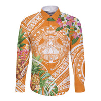Aloha Hawaii Lanai Long Sleeve Button Shirt Frangipani Mix Pineapple LT7 Unisex Orange - Polynesian Pride