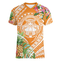 Aloha Hawaii Lanai Women V-Neck T-Shirt Frangipani Mix Pineapple LT7 Female Orange - Polynesian Pride
