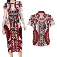 Bula Fiji Vintage Couples Matching Long Sleeve Bodycon Dress and Hawaiian Shirt Scarlet Masi Motifs