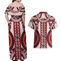 Bula Fiji Vintage Couples Matching Off Shoulder Maxi Dress and Hawaiian Shirt Scarlet Masi Motifs