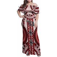 Bula Fiji Vintage Family Matching Off Shoulder Maxi Dress and Hawaiian Shirt Scarlet Masi Motifs