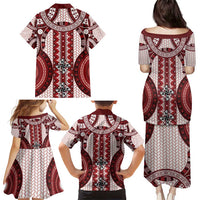 Bula Fiji Vintage Family Matching Puletasi and Hawaiian Shirt Scarlet Masi Motifs