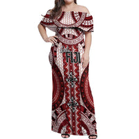 Bula Fiji Vintage Off Shoulder Maxi Dress Scarlet Masi Motifs