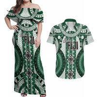 Bula Fiji Vintage Couples Matching Off Shoulder Maxi Dress and Hawaiian Shirt Phthalo Green Masi Motifs