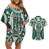 Bula Fiji Vintage Couples Matching Off Shoulder Short Dress and Hawaiian Shirt Phthalo Green Masi Motifs