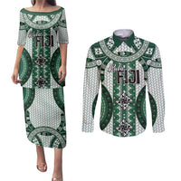 Bula Fiji Vintage Couples Matching Puletasi and Long Sleeve Button Shirt Phthalo Green Masi Motifs