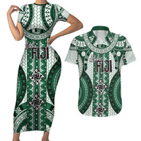 Bula Fiji Vintage Couples Matching Short Sleeve Bodycon Dress and Hawaiian Shirt Phthalo Green Masi Motifs