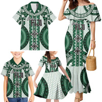 Bula Fiji Vintage Family Matching Mermaid Dress and Hawaiian Shirt Phthalo Green Masi Motifs