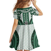 Bula Fiji Vintage Family Matching Off The Shoulder Long Sleeve Dress and Hawaiian Shirt Phthalo Green Masi Motifs