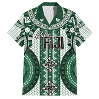 Bula Fiji Vintage Family Matching Off The Shoulder Long Sleeve Dress and Hawaiian Shirt Phthalo Green Masi Motifs