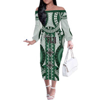 Bula Fiji Vintage Family Matching Off The Shoulder Long Sleeve Dress and Hawaiian Shirt Phthalo Green Masi Motifs