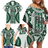 Bula Fiji Vintage Family Matching Off Shoulder Short Dress and Hawaiian Shirt Phthalo Green Masi Motifs