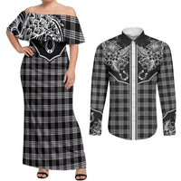 Hawai'i Paniolo Motif Black Couples Matching Off Shoulder Maxi Dress and Long Sleeve Button Shirt Floral Palaka Print LT7 Black - Polynesian Pride
