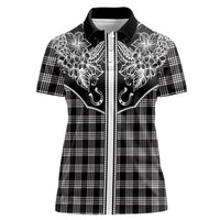 Hawai'i Paniolo Motif Black Women Polo Shirt Floral Palaka Print LT7 Female Black - Polynesian Pride