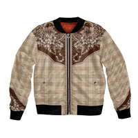 Hawai'i Paniolo Motif Leather Brown Bomber Jacket Floral Palaka Print LT7 Unisex Brown - Polynesian Pride