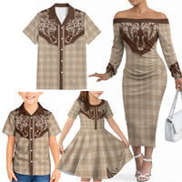 Hawai'i Paniolo Motif Leather Brown Family Matching Off The Shoulder Long Sleeve Dress and Hawaiian Shirt Floral Palaka Print LT7 - Polynesian Pride