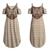 Hawai'i Paniolo Motif Leather Brown Family Matching Summer Maxi Dress and Hawaiian Shirt Floral Palaka Print LT7 Mom's Dress Brown - Polynesian Pride