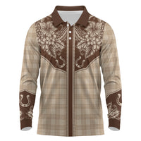 Hawai'i Paniolo Motif Leather Brown Long Sleeve Polo Shirt Floral Palaka Print LT7 Brown - Polynesian Pride