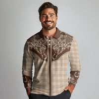 Hawai'i Paniolo Motif Leather Brown Long Sleeve Polo Shirt Floral Palaka Print LT7 - Polynesian Pride