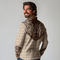Hawai'i Paniolo Motif Leather Brown Long Sleeve Polo Shirt Floral Palaka Print LT7 - Polynesian Pride
