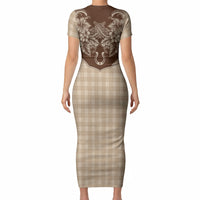 Hawai'i Paniolo Motif Leather Brown Short Sleeve Bodycon Dress Floral Palaka Print LT7 - Polynesian Pride