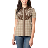 Hawai'i Paniolo Motif Leather Brown Women Polo Shirt Floral Palaka Print LT7 - Polynesian Pride