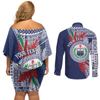 Samoa Rugby Personalized Couples Matching Off Shoulder Short Dress and Long Sleeve Button Shirt Toa Samoa Myriad Siapo