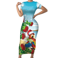 Have A Very Beach Christmas Short Sleeve Bodycon Dress Parrot By Lehua Flower - Polynesian Pride