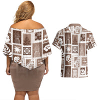 Hawaii Christmas Retro Patchwork Couples Matching Off Shoulder Short Dress and Hawaiian Shirt Brown LT7 - Polynesian Pride