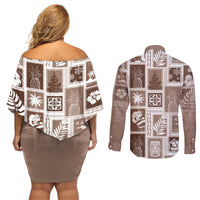 Hawaii Christmas Retro Patchwork Couples Matching Off Shoulder Short Dress and Long Sleeve Button Shirt Brown LT7 - Polynesian Pride