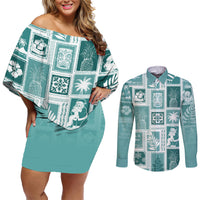 Hawaii Christmas Retro Patchwork Couples Matching Off Shoulder Short Dress and Long Sleeve Button Shirt Teal LT7 Teal - Polynesian Pride