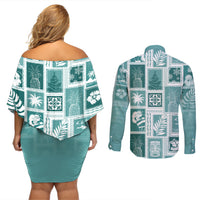 Hawaii Christmas Retro Patchwork Couples Matching Off Shoulder Short Dress and Long Sleeve Button Shirt Teal LT7 - Polynesian Pride