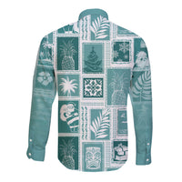 Hawaii Christmas Retro Patchwork Long Sleeve Button Shirt Teal LT7 - Polynesian Pride