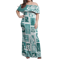 Hawaii Christmas Retro Patchwork Off Shoulder Maxi Dress Teal LT7 Women Teal - Polynesian Pride