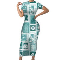 Hawaii Christmas Retro Patchwork Short Sleeve Bodycon Dress Teal LT7 Long Dress Teal - Polynesian Pride