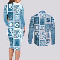 Hawaii Christmas Retro Patchwork Couples Matching Long Sleeve Bodycon Dress and Long Sleeve Button Shirt Aquamarine LT7 - Polynesian Pride
