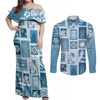 Hawaii Christmas Retro Patchwork Couples Matching Off Shoulder Maxi Dress and Long Sleeve Button Shirt Aquamarine LT7 Aquamarine - Polynesian Pride