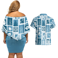Hawaii Christmas Retro Patchwork Couples Matching Off Shoulder Short Dress and Hawaiian Shirt Aquamarine LT7 - Polynesian Pride
