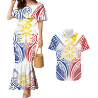 Philippines Tribal Sun Personalized Couples Matching Mermaid Dress and Hawaiian Shirt Hunting Eagle LT7 White - Polynesian Pride