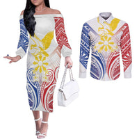 Philippines Tribal Sun Personalized Couples Matching Off The Shoulder Long Sleeve Dress and Long Sleeve Button Shirt Hunting Eagle LT7 White - Polynesian Pride
