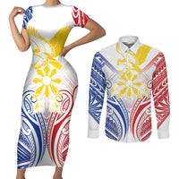 Philippines Tribal Sun Personalized Couples Matching Short Sleeve Bodycon Dress and Long Sleeve Button Shirt Hunting Eagle LT7 White - Polynesian Pride